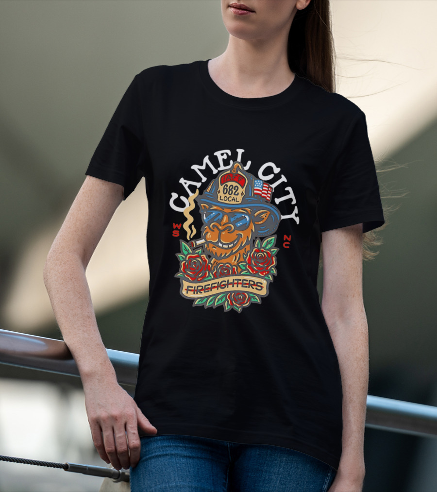 Camel City Local 682 Firefighters Smoking Camel With Roses USA Flag WS NC T-Shirt