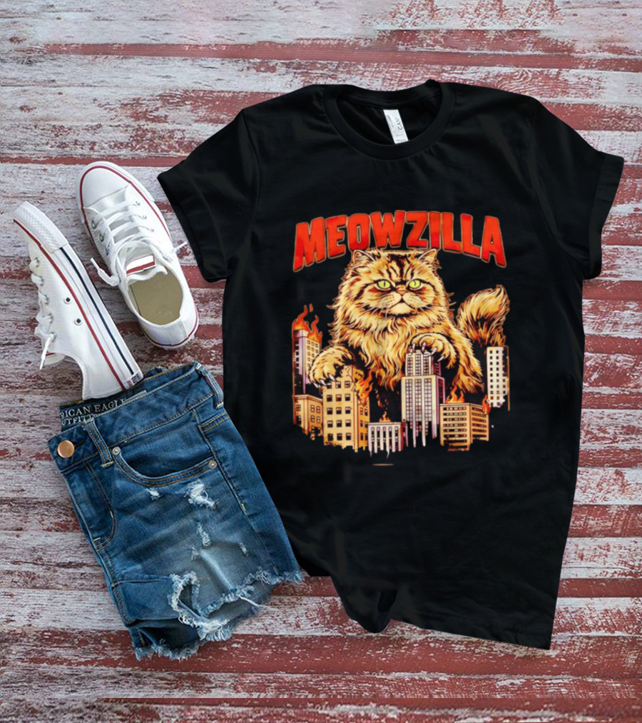Meowzilla Giant Cat Rampage Over Burning City Skyline T-Shirt