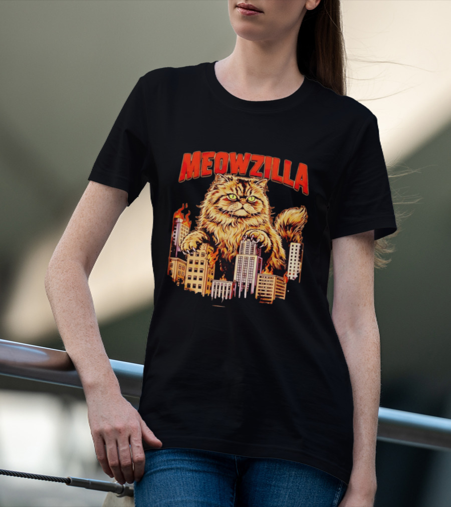 Meowzilla Giant Cat Rampage Over Burning City Skyline T-Shirt