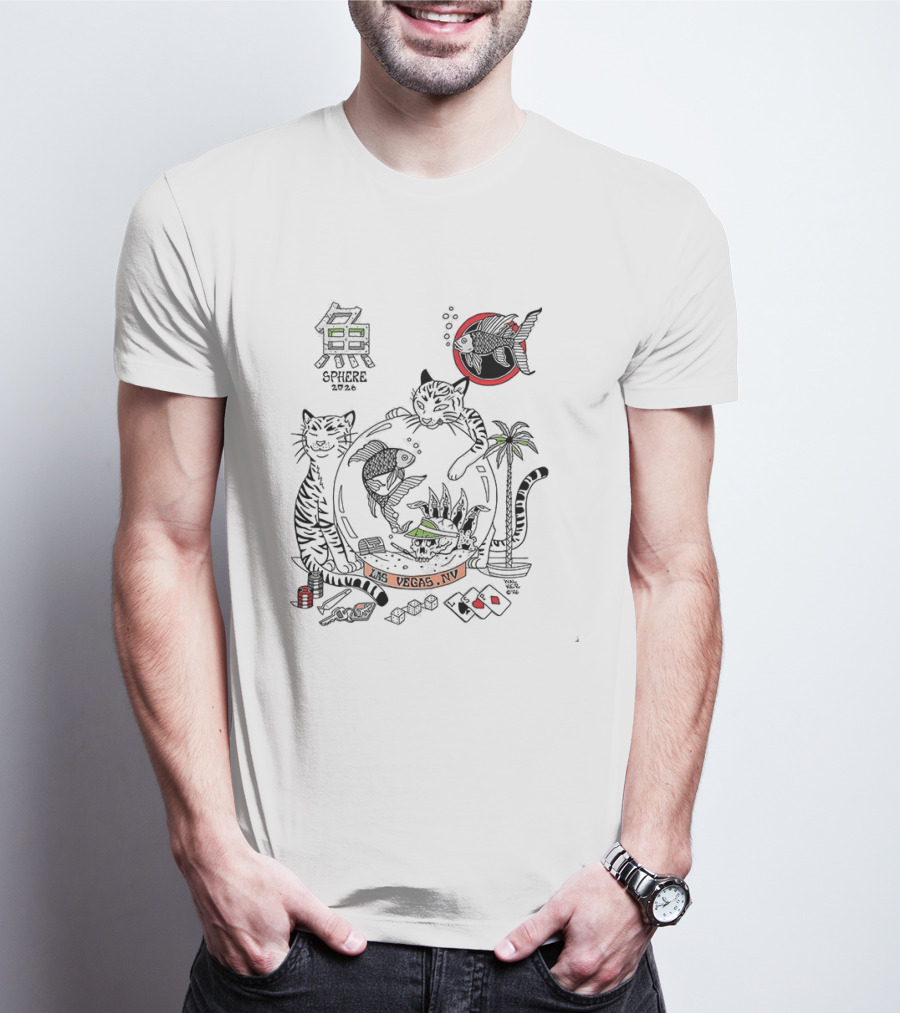 Sphere 2026 Vegas Cats And Aquatic Scene With Fish, Palm Trees, And Dice T-Shirt