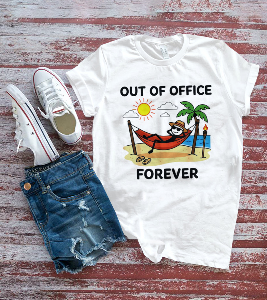 Out Of Office Forever Stick Figure In Hammock On Beach Vacation T-Shirt