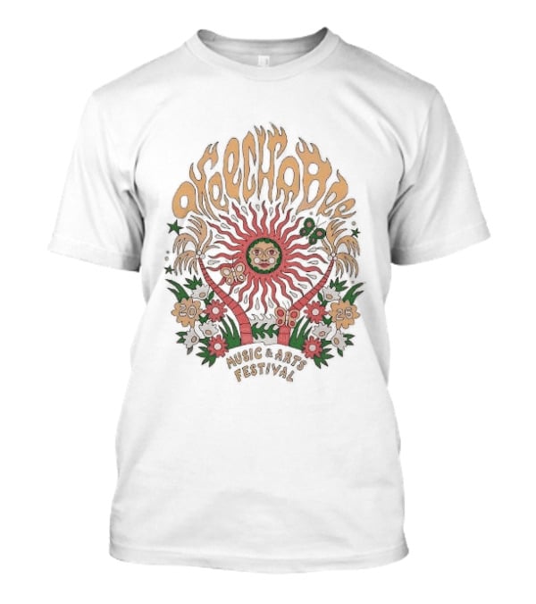 Okeechobee Music And Arts Festival 2026 Sun Illustration With Palm Trees And Floral Accents T-Shirt