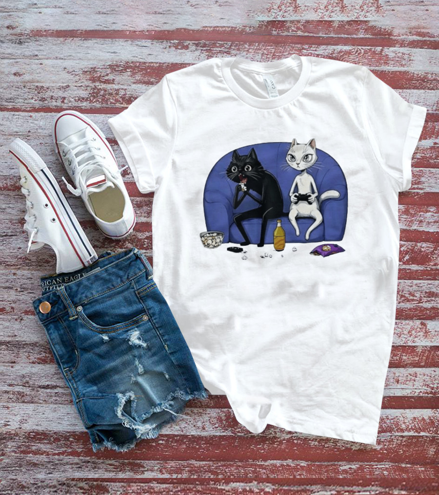 Two Cats One Couch Endless Fun Playing Games With Snacks And Popcorn T-Shirt