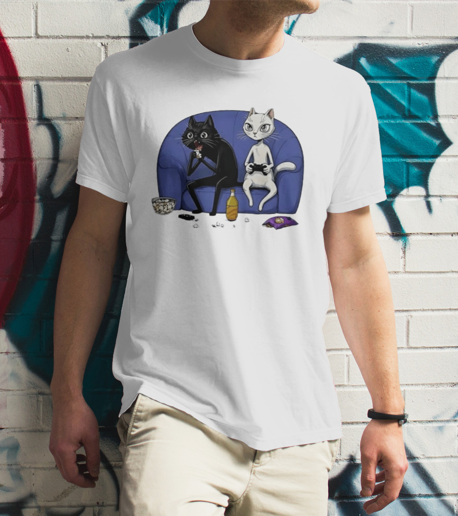 Two Cats One Couch Endless Fun Playing Games With Snacks And Popcorn T-Shirt