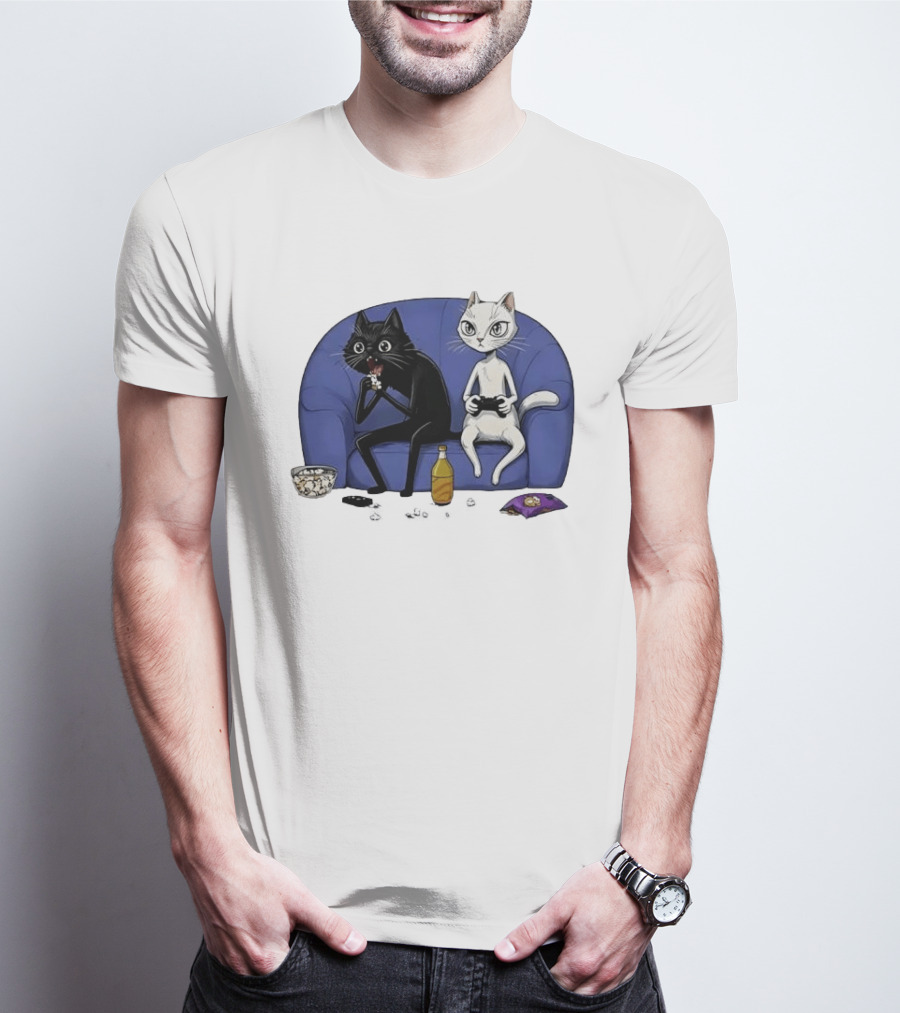 Two Cats One Couch Endless Fun Playing Games With Snacks And Popcorn T-Shirt