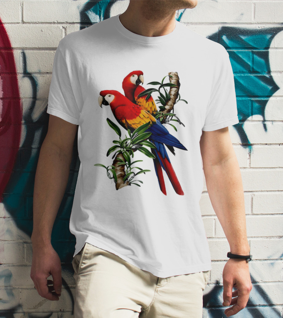 Parrot On Bret's Scarlet Macaw Tropical Branches T-Shirt