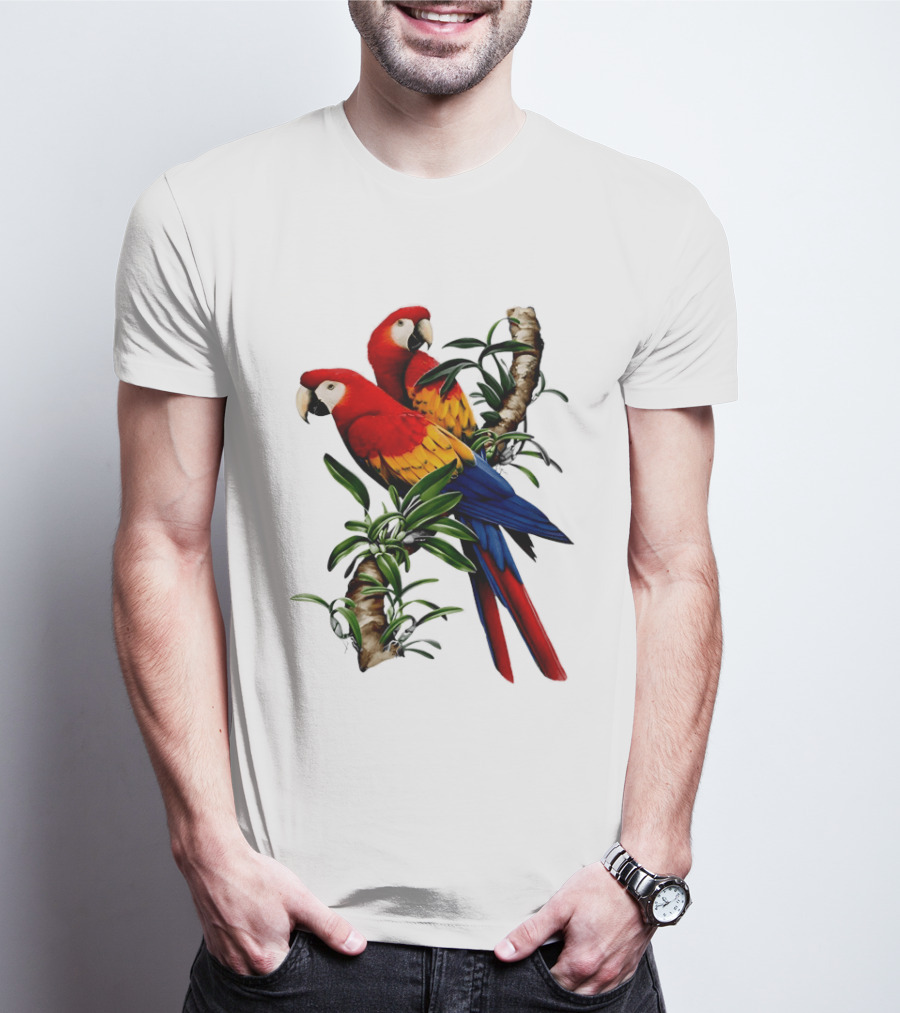 Parrot On Bret's Scarlet Macaw Tropical Branches T-Shirt