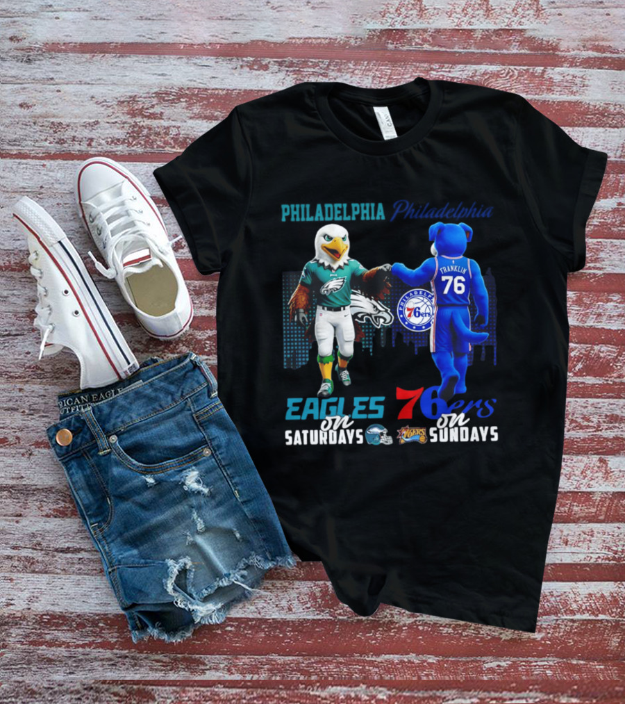 Philadelphia Eagles Vs 76ers Franklin Mascots Saturdays Sundays City Skyline T-Shirt