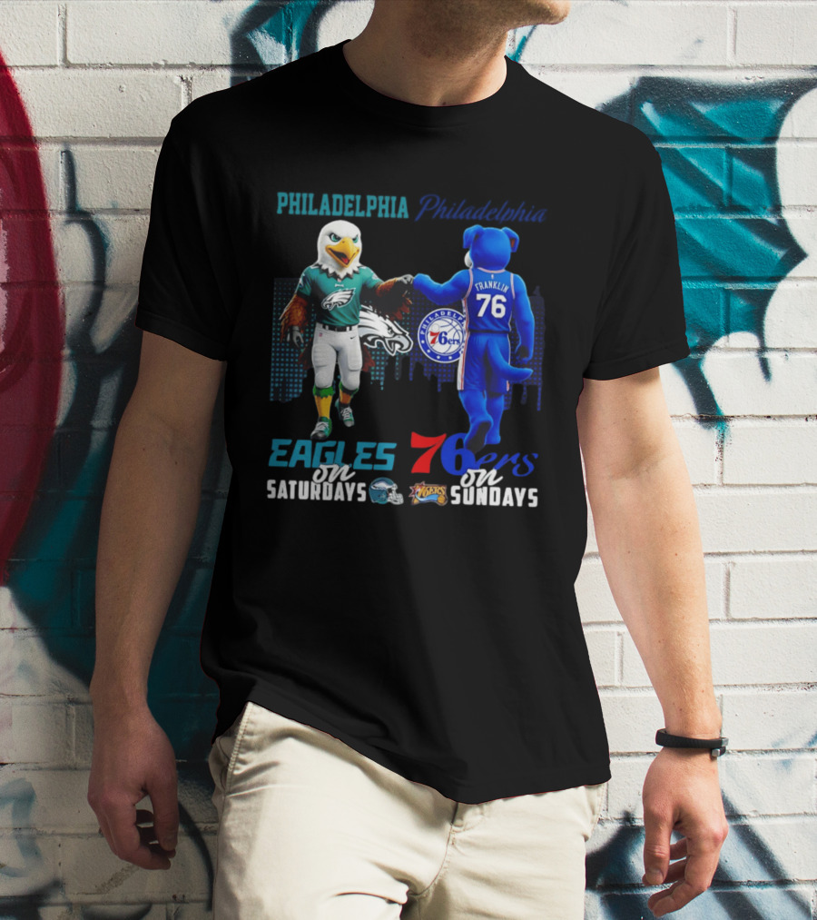 Philadelphia Eagles Vs 76ers Franklin Mascots Saturdays Sundays City Skyline T-Shirt