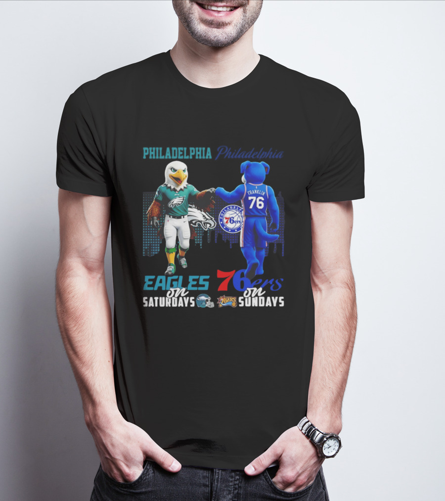 Philadelphia Eagles Vs 76ers Franklin Mascots Saturdays Sundays City Skyline T-Shirt