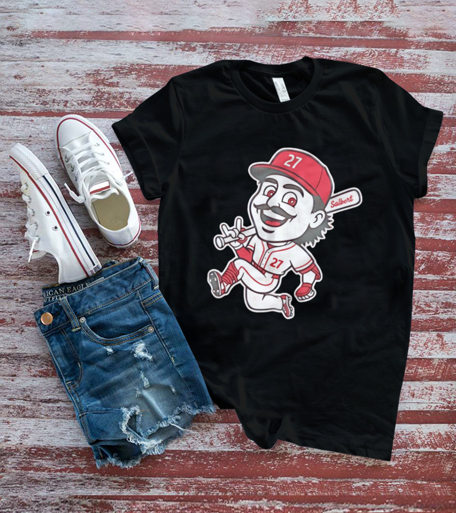 Cincinnati Reds Sal Stewart Number 27 Cartoon Player With Salbert Bat T-Shirt