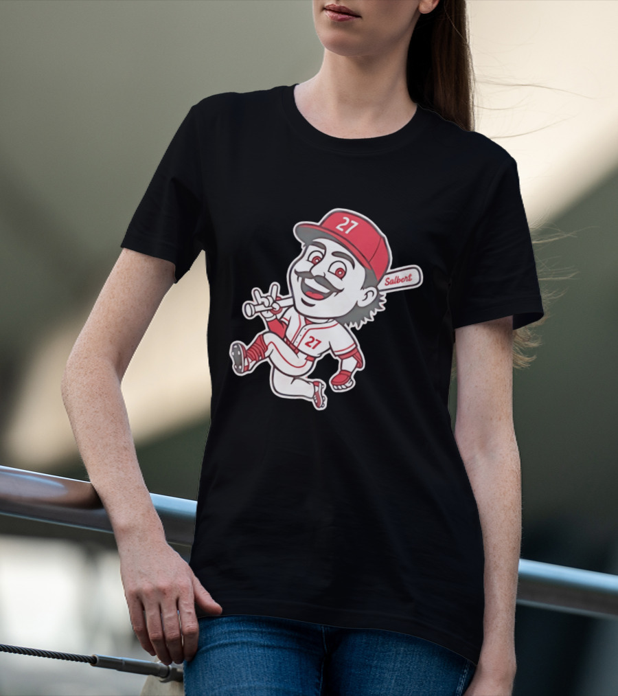 Cincinnati Reds Sal Stewart Number 27 Cartoon Player With Salbert Bat T-Shirt