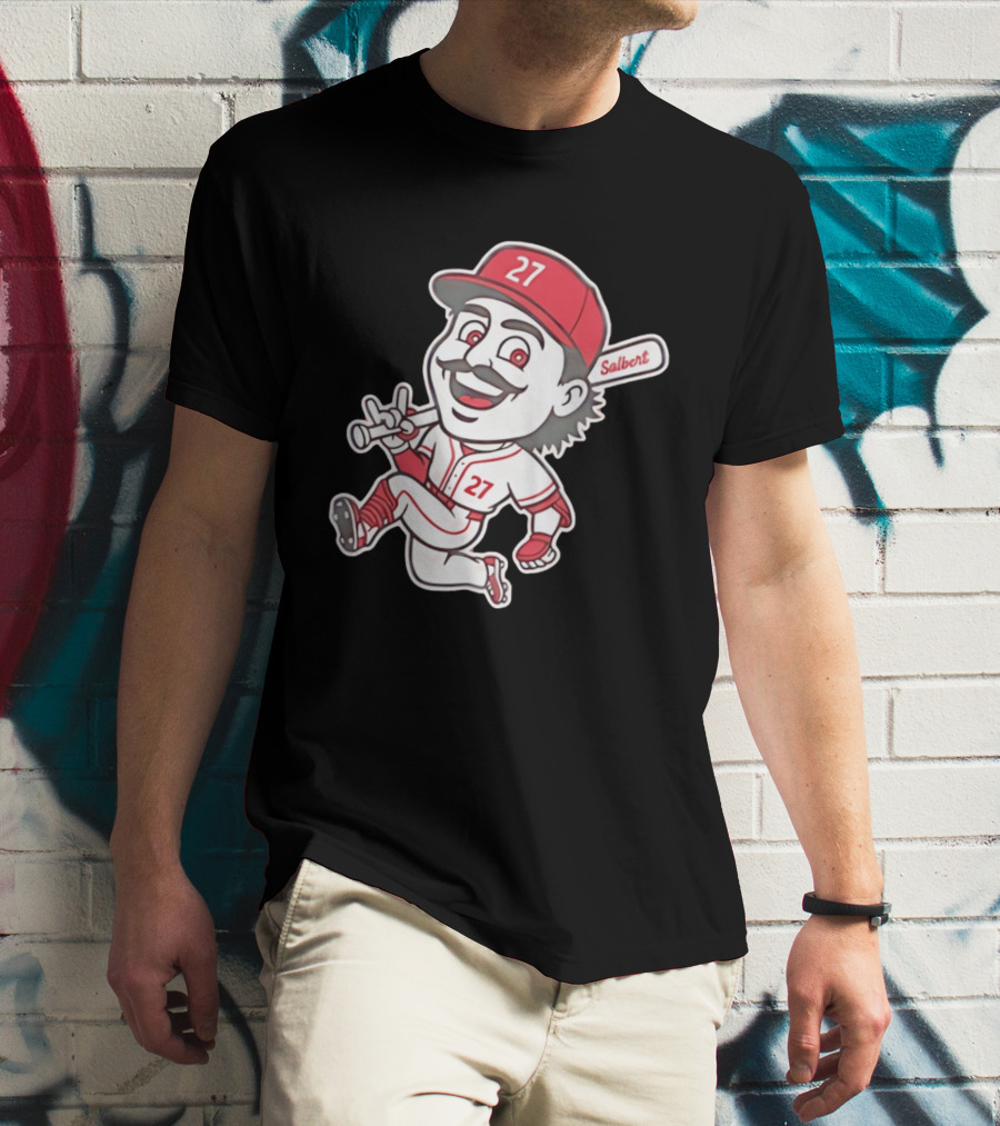 Cincinnati Reds Sal Stewart Number 27 Cartoon Player With Salbert Bat T-Shirt