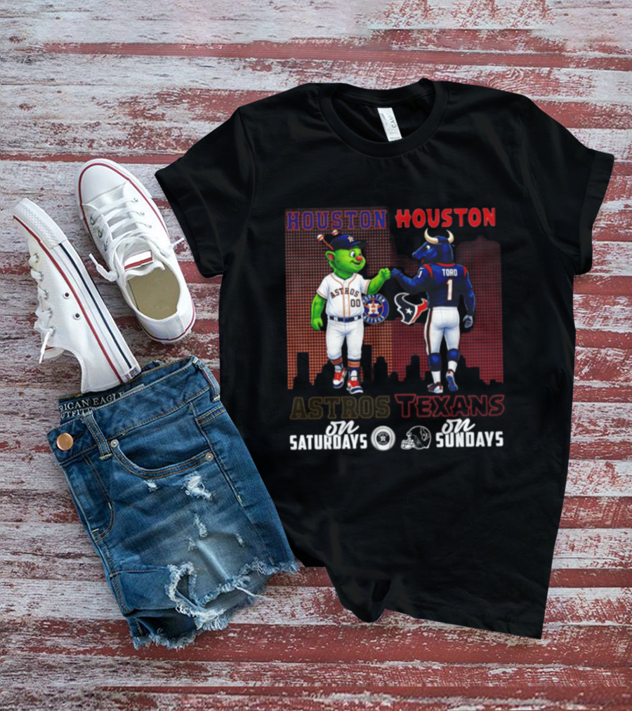 Houston Astros Orbit And Houston Texans Toro Skyline Saturdays Vs Sundays T-Shirt
