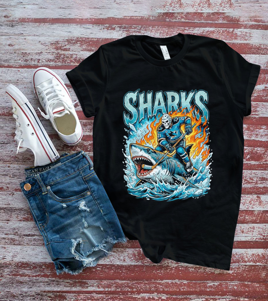 San Jose Sharks Hockey Player Riding Shark With Flames And Ice T-Shirt