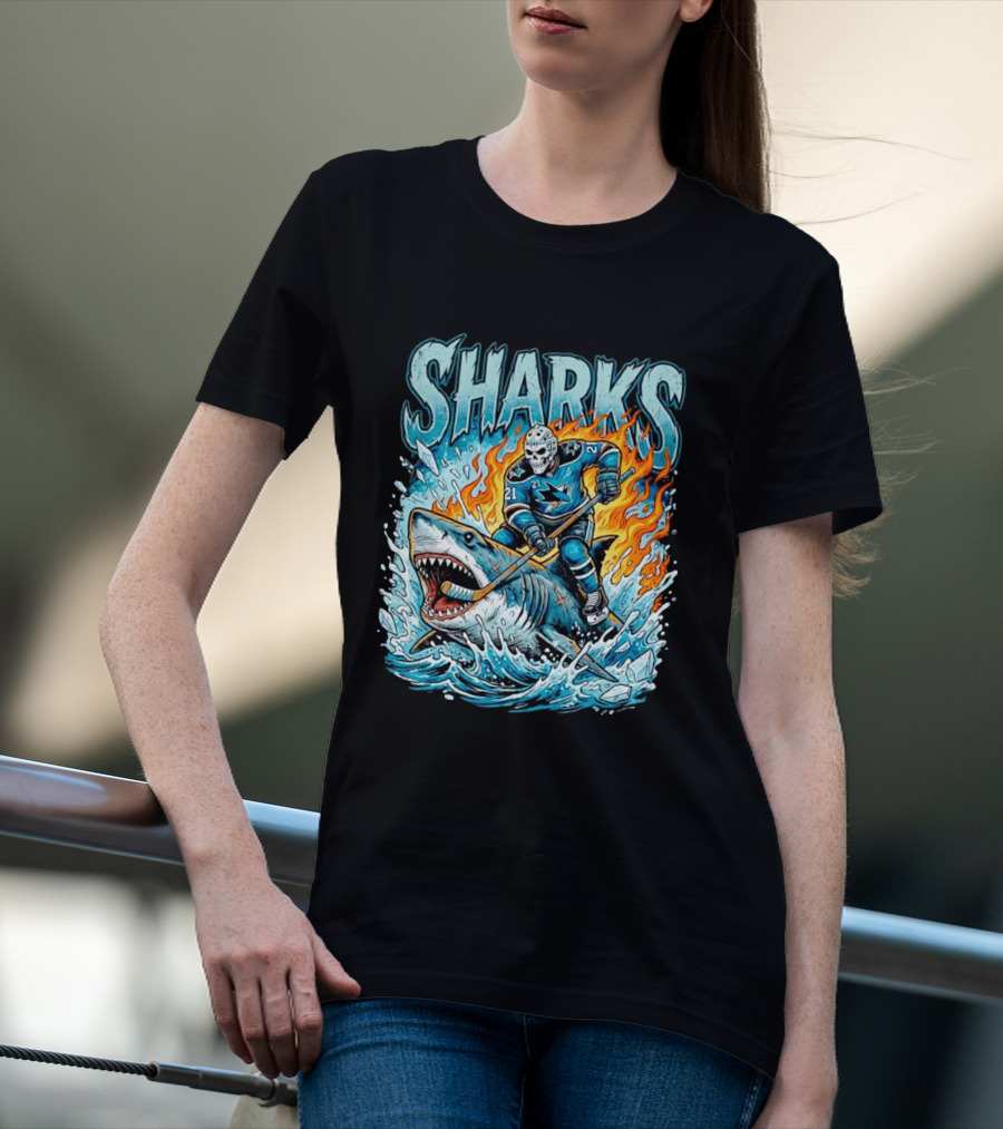 San Jose Sharks Hockey Player Riding Shark With Flames And Ice T-Shirt