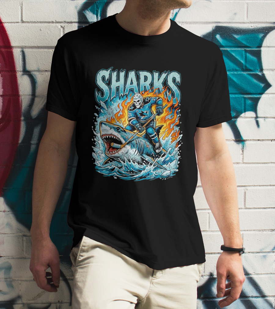 San Jose Sharks Hockey Player Riding Shark With Flames And Ice T-Shirt