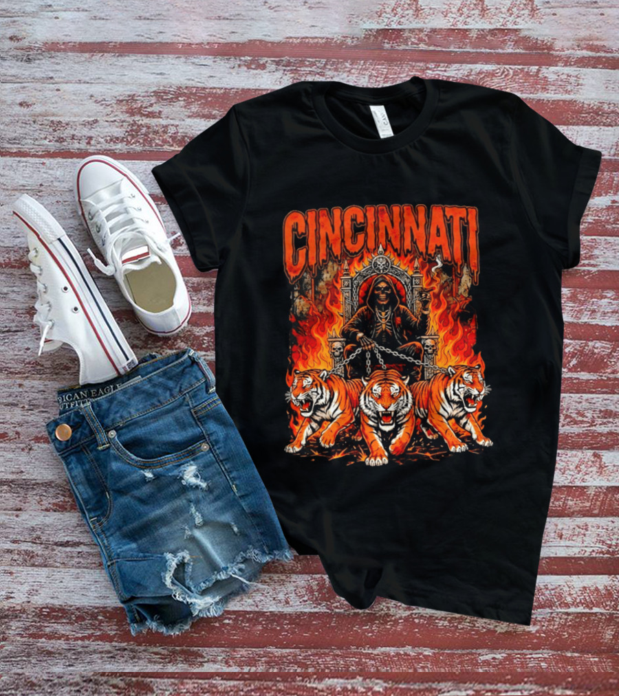 Cincinnati Skull Tiger Throne Fire Chains T-Shirt