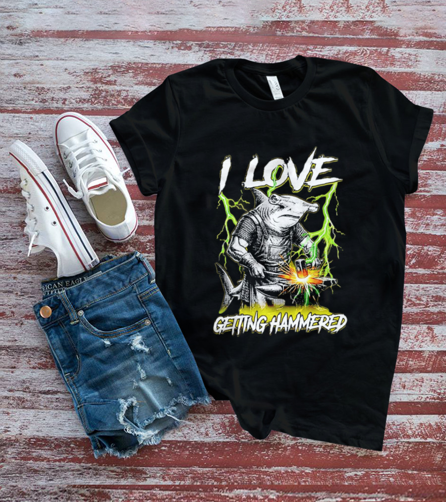 I Love Getting Hammered Hammerhead Shark Lightning Blacksmith Hammering T-Shirt