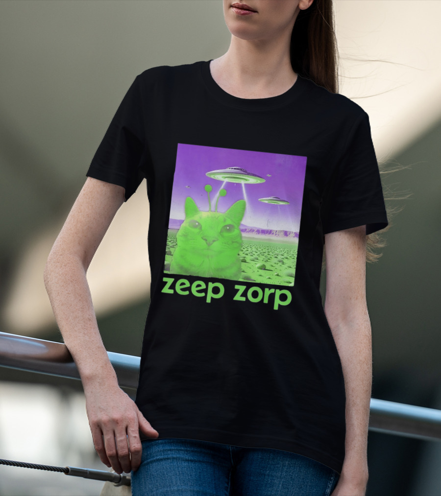 Zeep Zorp Green Cat Alien With UFOs In Space Desert Scenery T-Shirt