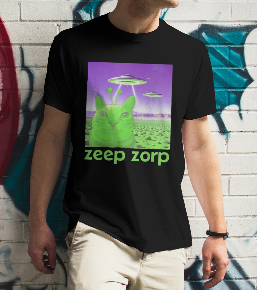Zeep Zorp Green Cat Alien With UFOs In Space Desert Scenery T-Shirt