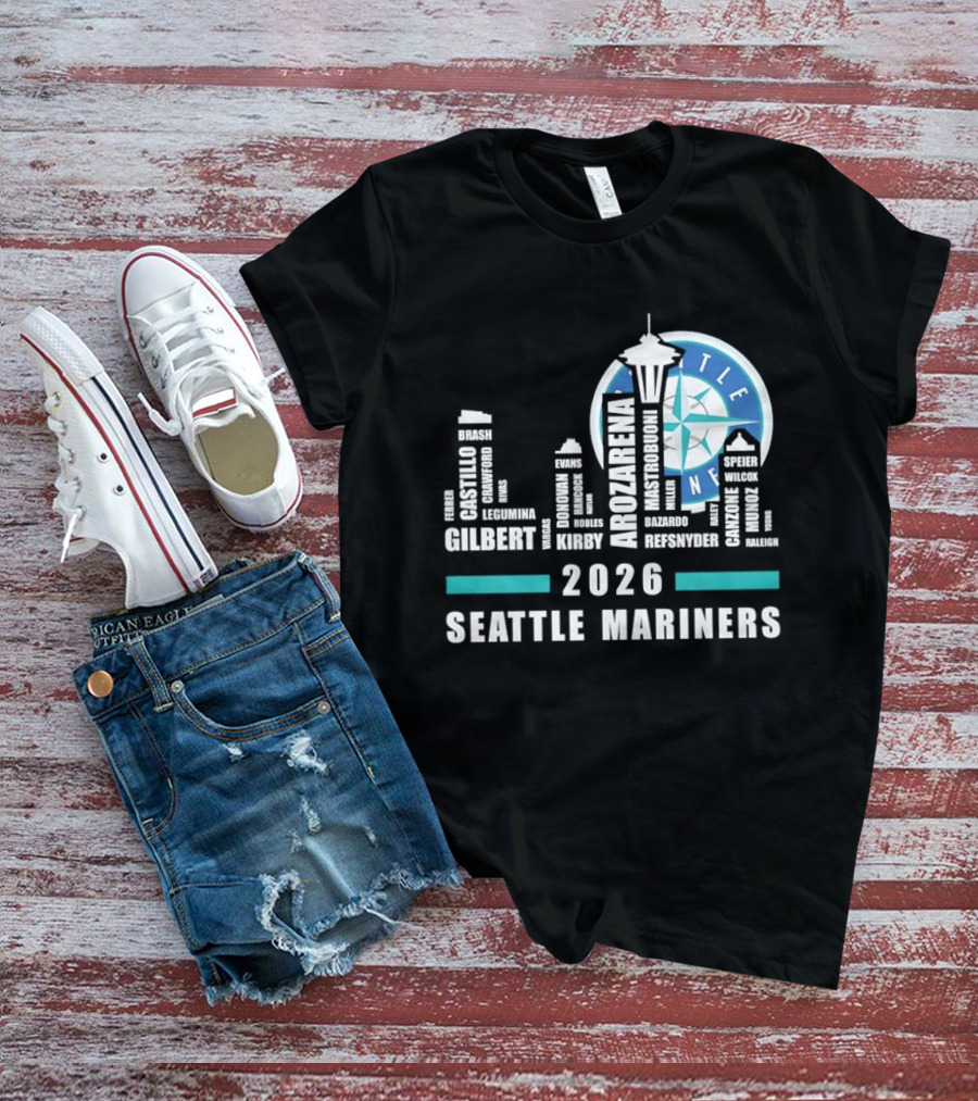 2026 Seattle Mariners City Connect Skyline With Player Names And Space Needle T-Shirt