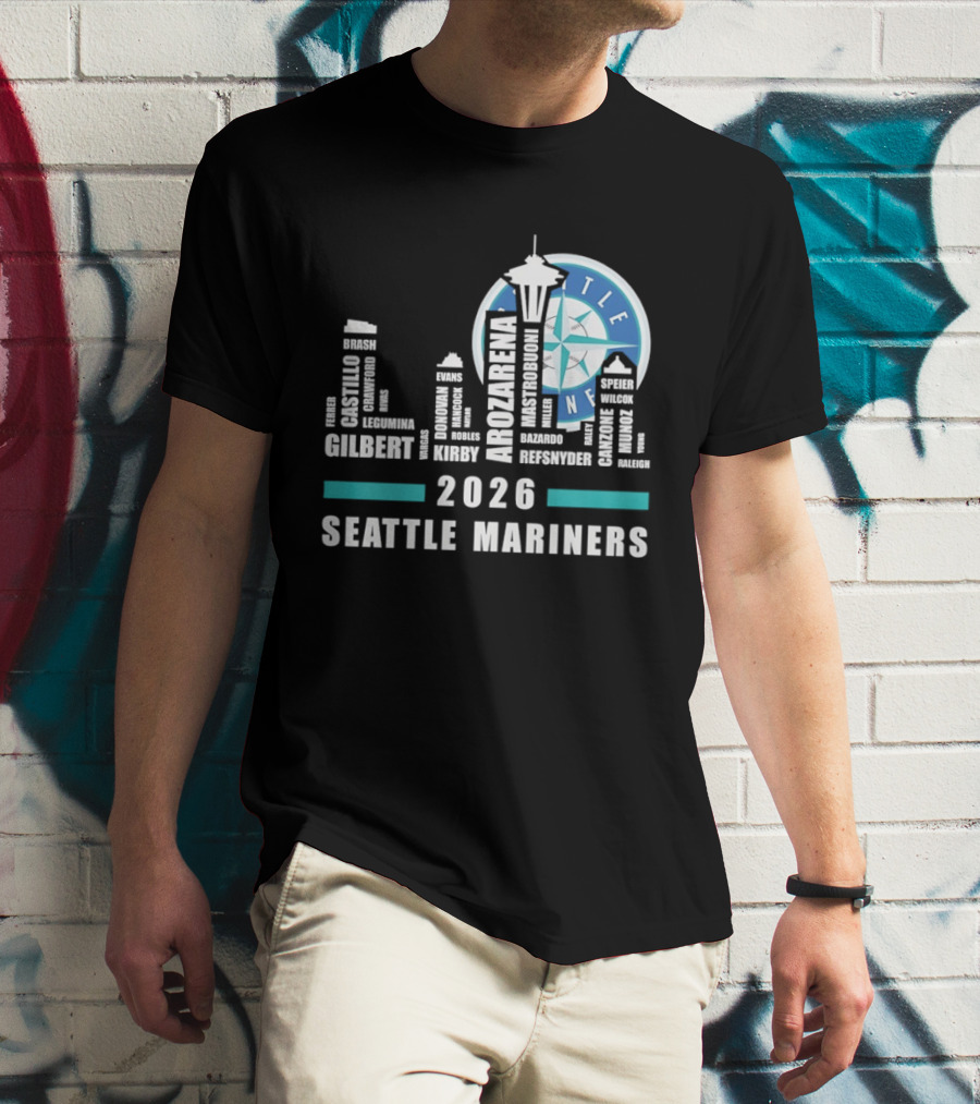 2026 Seattle Mariners City Connect Skyline With Player Names And Space Needle T-Shirt