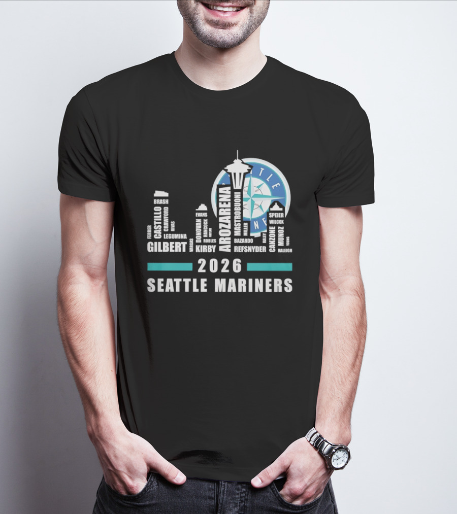 2026 Seattle Mariners City Connect Skyline With Player Names And Space Needle T-Shirt