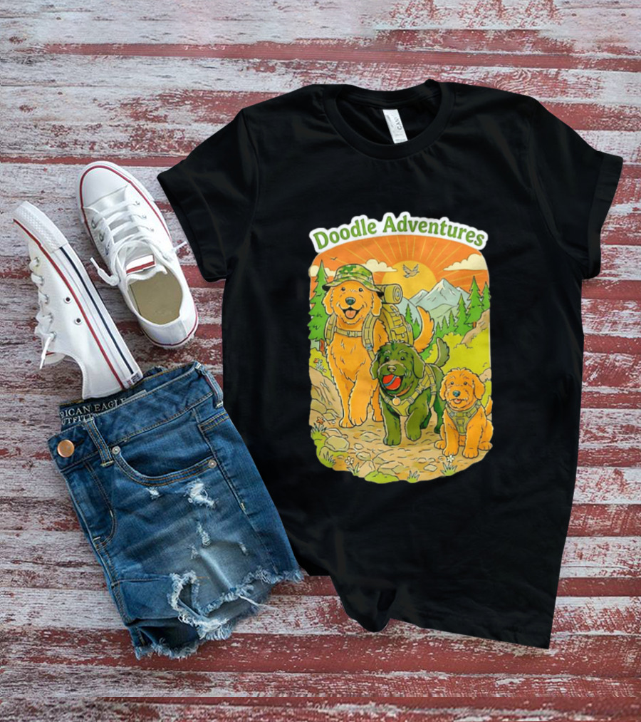 Doodle Adventures Three Dogs Picnic Adventure Sunset T-Shirt