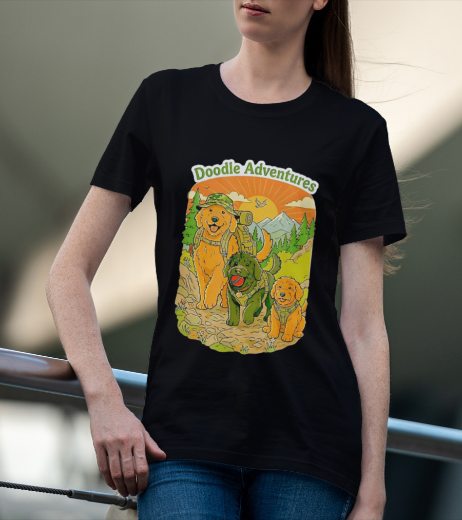 Doodle Adventures Three Dogs Picnic Adventure Sunset T-Shirt