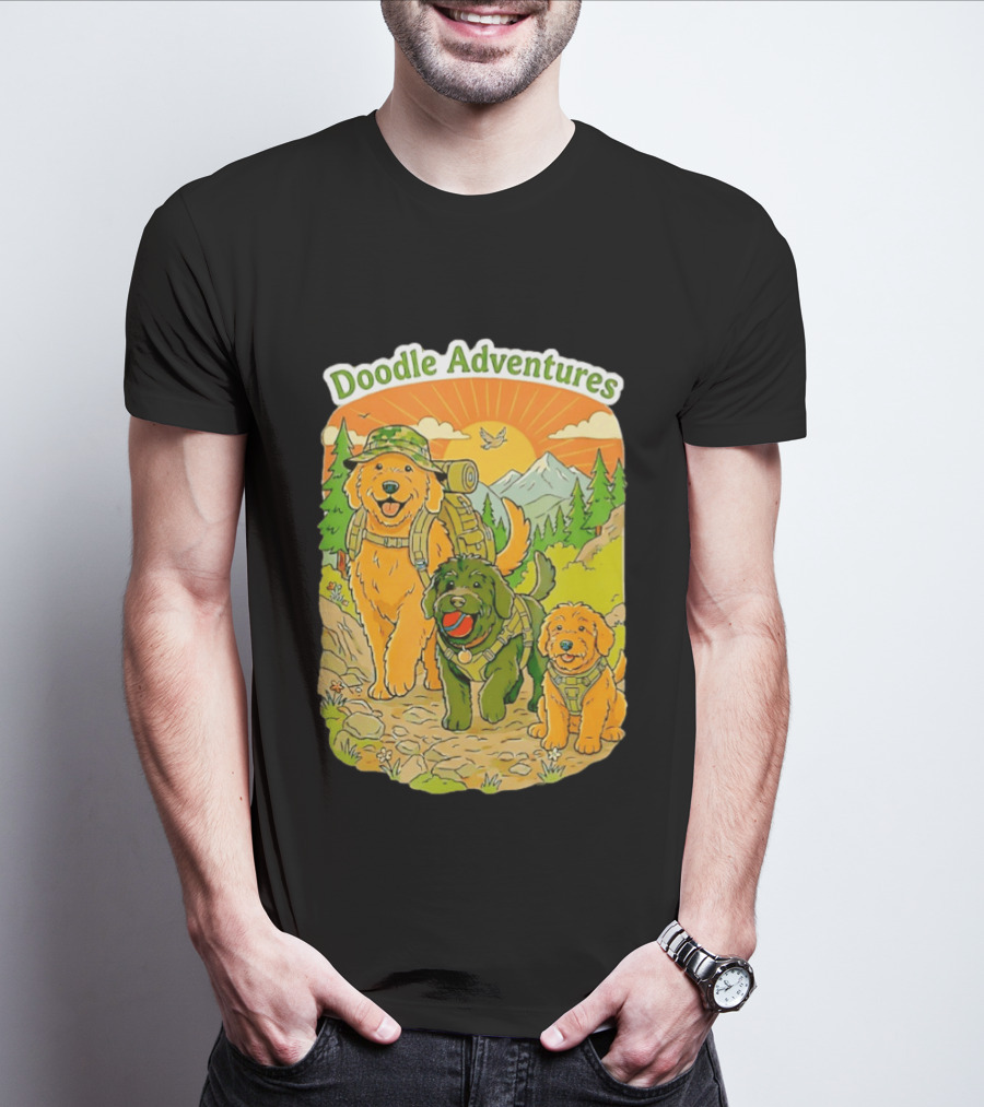Doodle Adventures Three Dogs Picnic Adventure Sunset T-Shirt