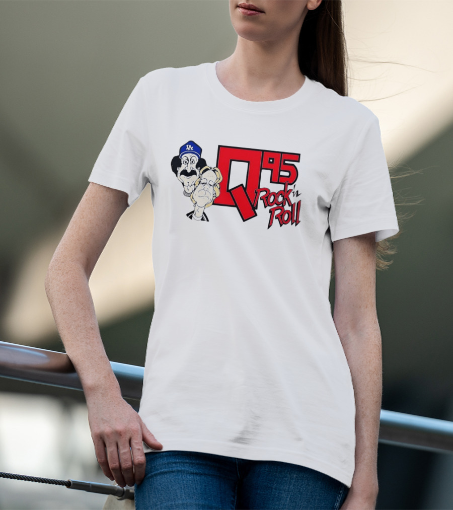 Q95 Rock 'n Roll Characters Wearing LA Dodgers Hat T-Shirt