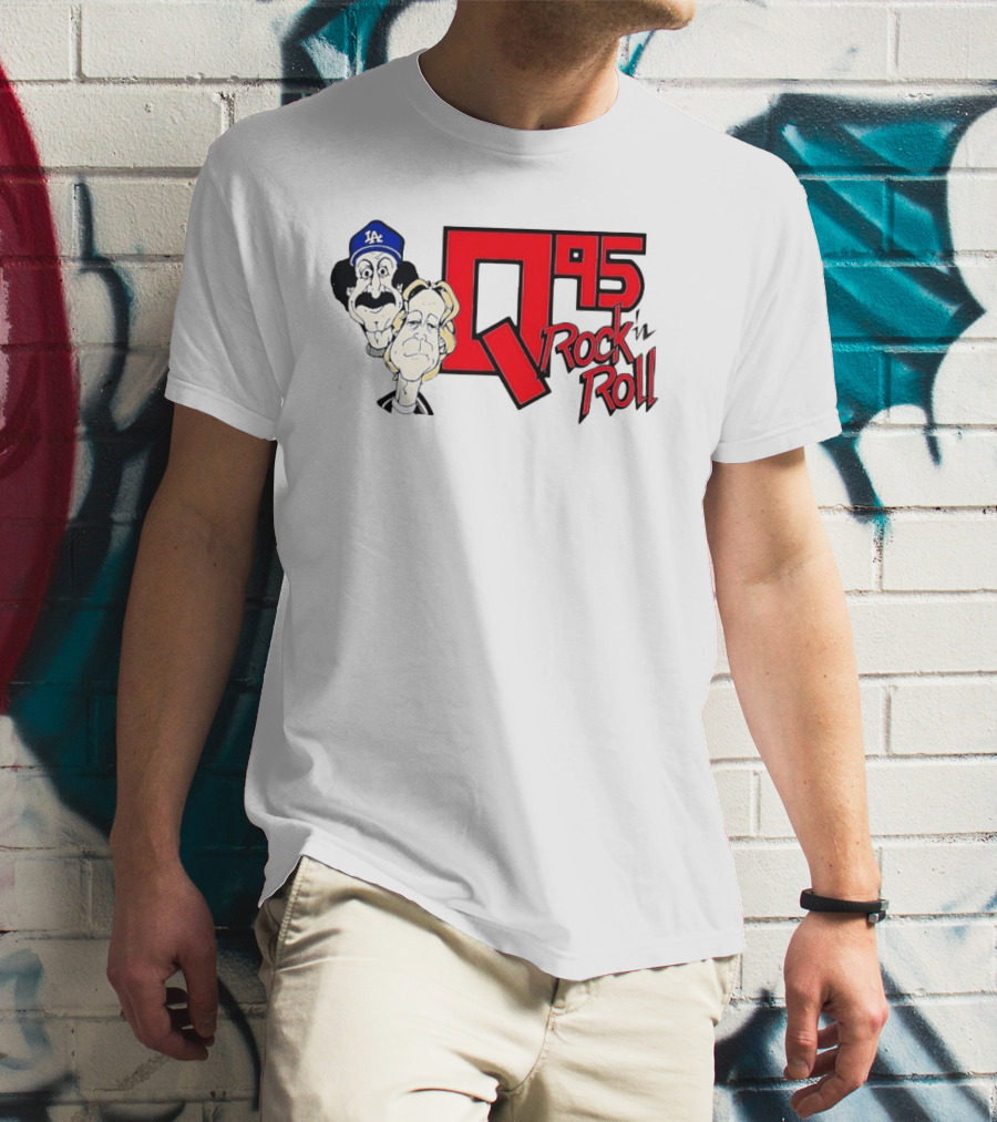 Q95 Rock 'n Roll Characters Wearing LA Dodgers Hat T-Shirt