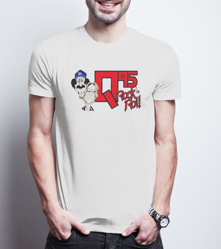 Q95 Rock 'n Roll Characters Wearing LA Dodgers Hat T-Shirt