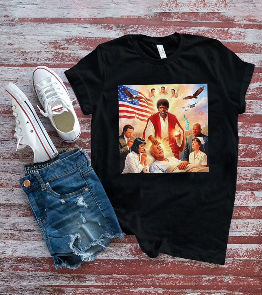 Samuel L. Jackson Exorcism Scene With Bruce Willis And US Patriotic Elements Meme T-Shirt