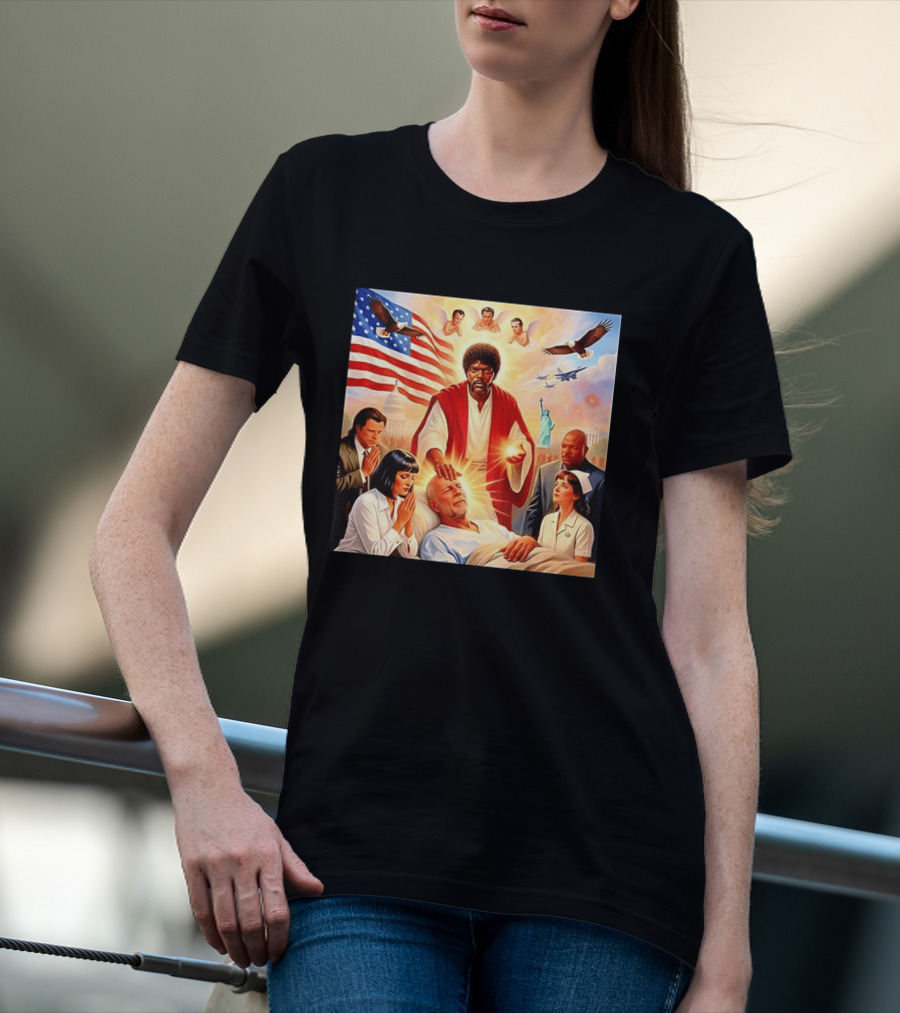Samuel L. Jackson Exorcism Scene With Bruce Willis And US Patriotic Elements Meme T-Shirt