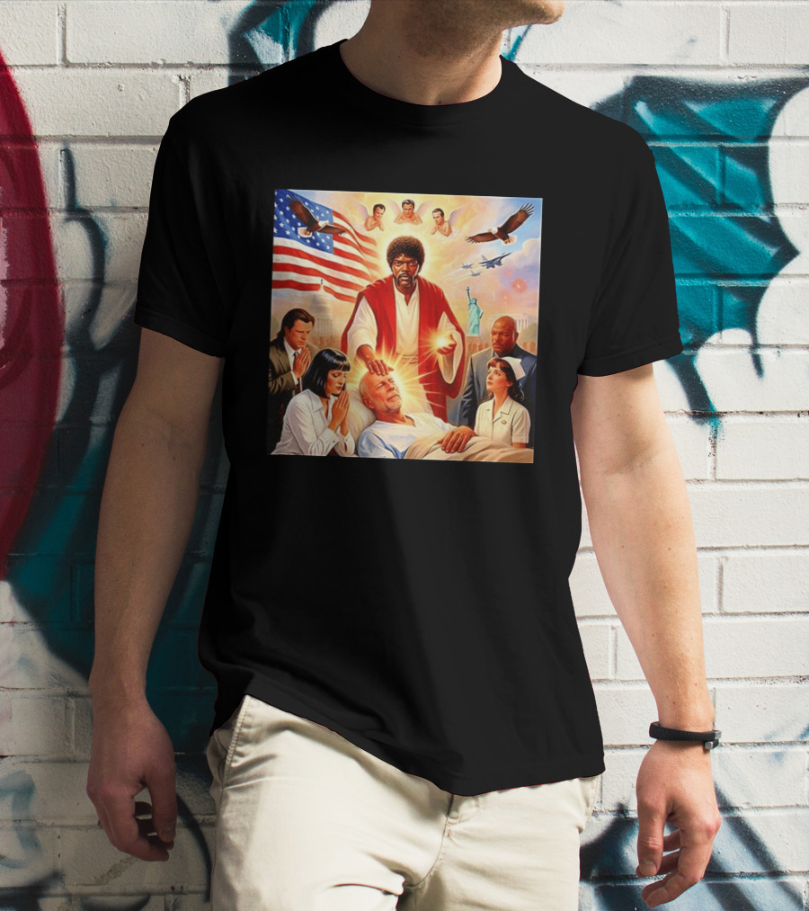Samuel L. Jackson Exorcism Scene With Bruce Willis And US Patriotic Elements Meme T-Shirt