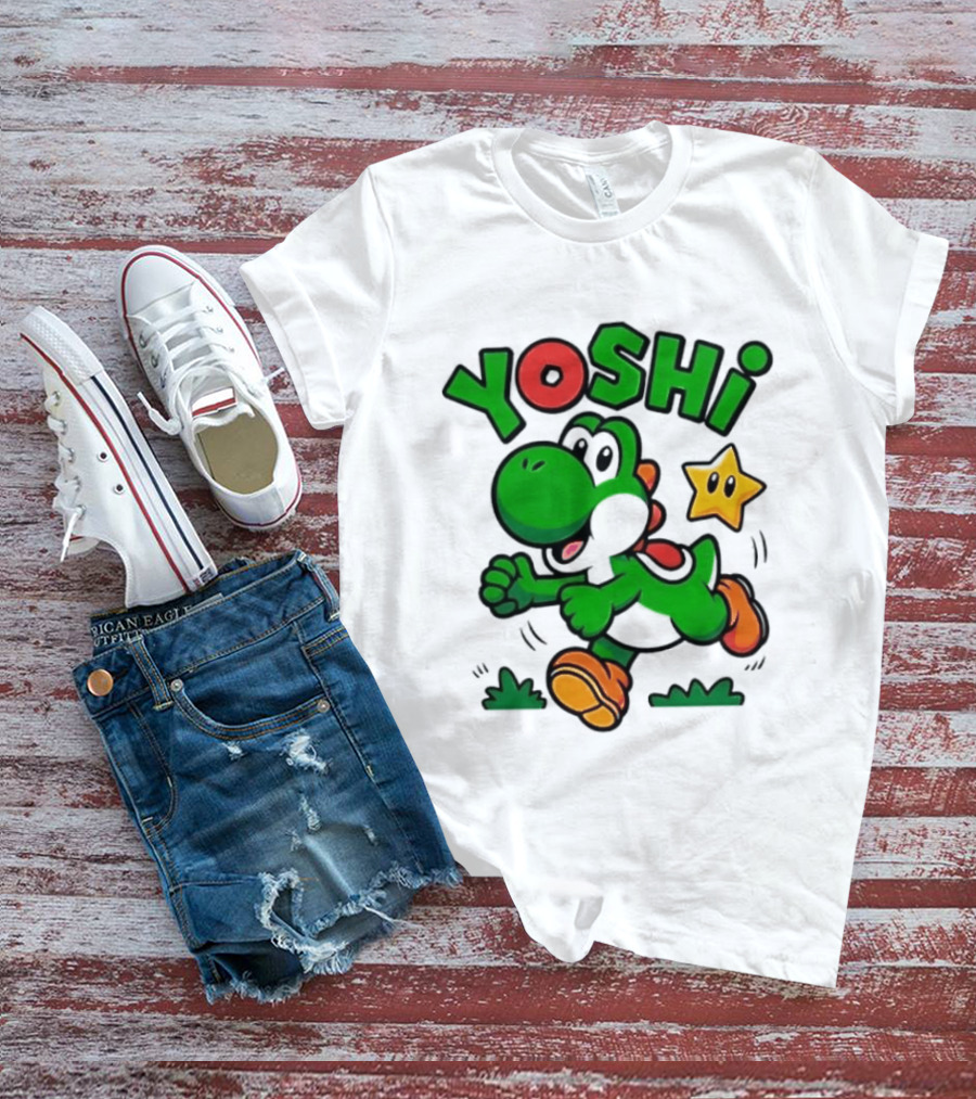 Yoshi Super Mario Green Dinosaur Running With Star T-Shirt