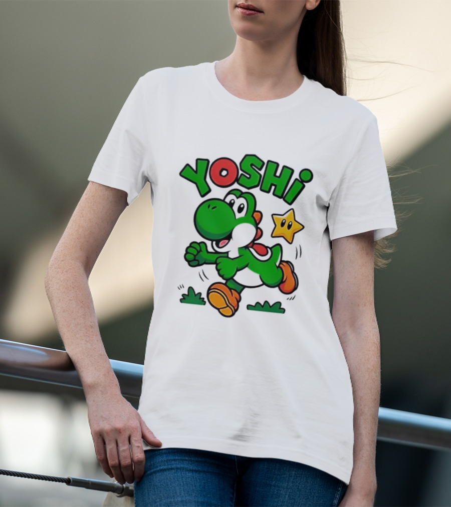 Yoshi Super Mario Green Dinosaur Running With Star T-Shirt