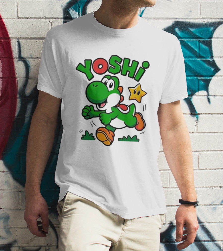 Yoshi Super Mario Green Dinosaur Running With Star T-Shirt