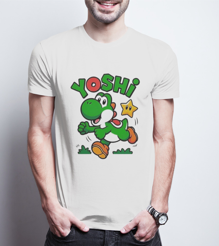 Yoshi Super Mario Green Dinosaur Running With Star T-Shirt