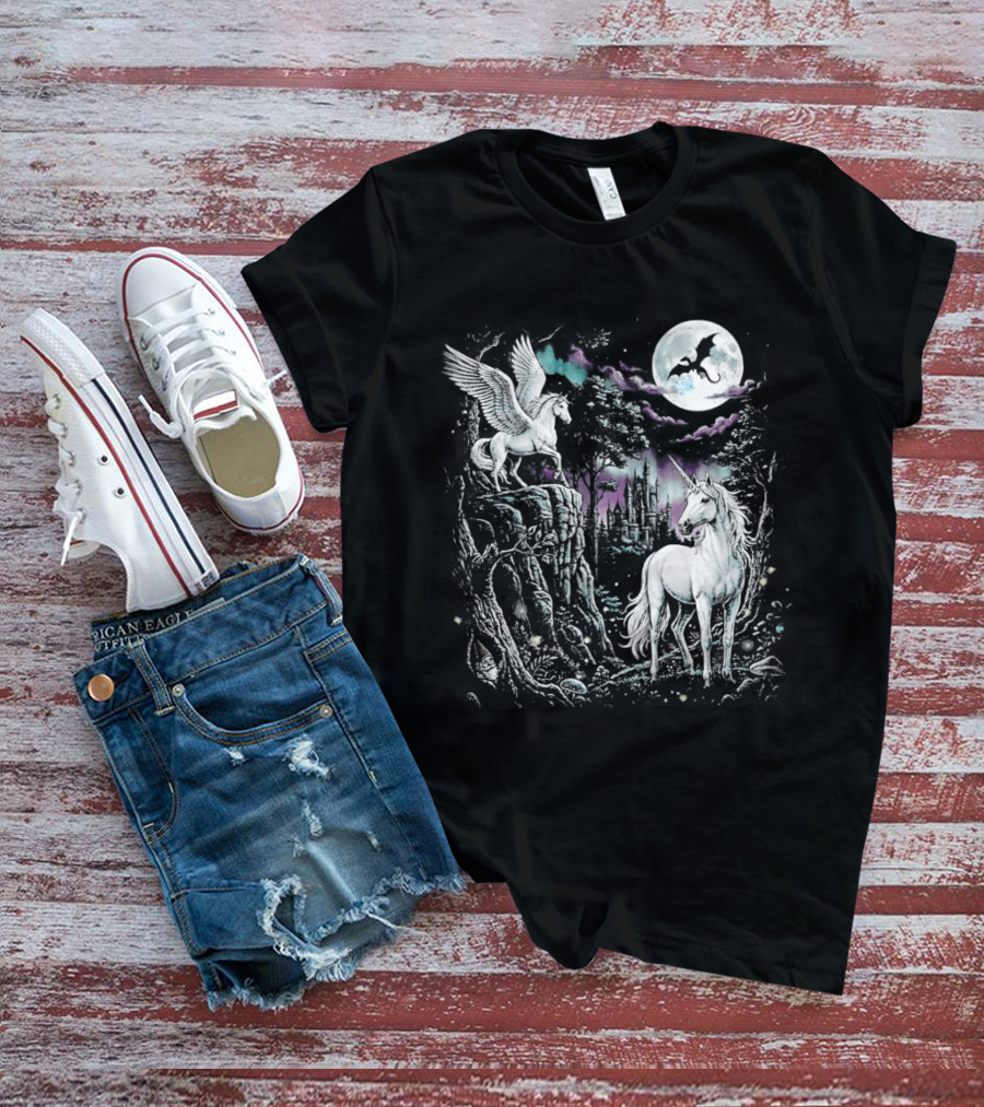 Fantasy Unicorn Neon Galaxy Moonlight Enchantment T-Shirt