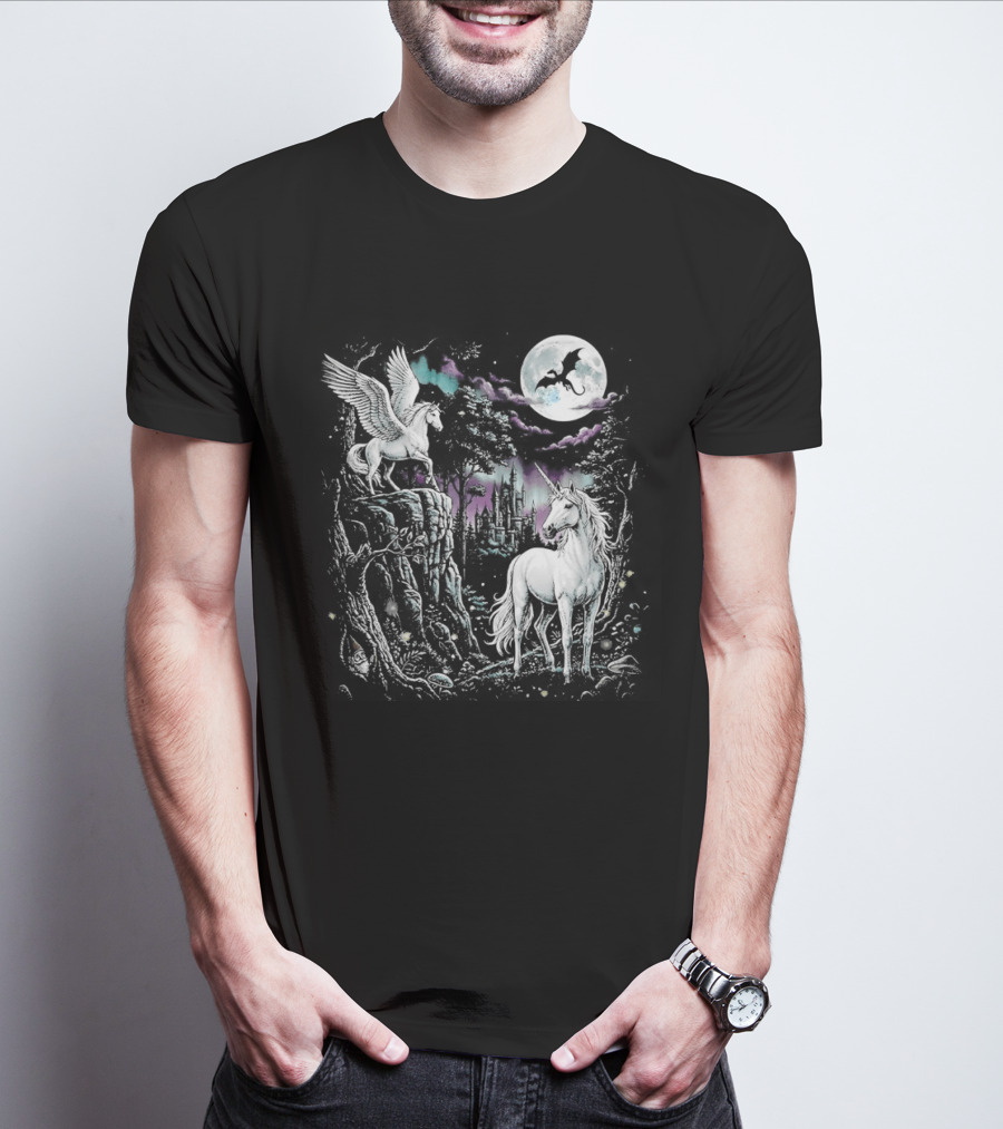 Fantasy Unicorn Neon Galaxy Moonlight Enchantment T-Shirt