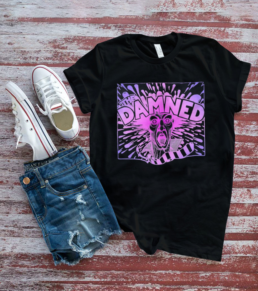 THE DAMNED Horror Face Neon Splatter Purple Black T-Shirt