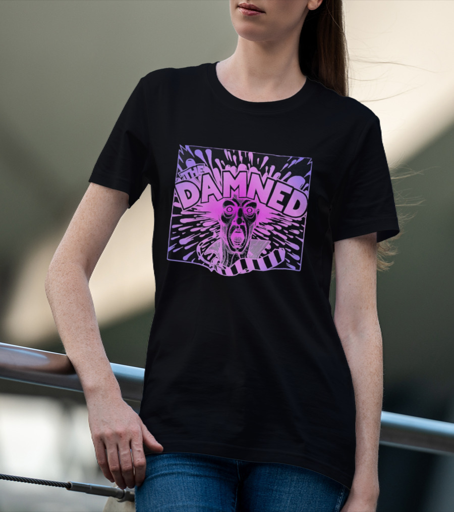 THE DAMNED Horror Face Neon Splatter Purple Black T-Shirt