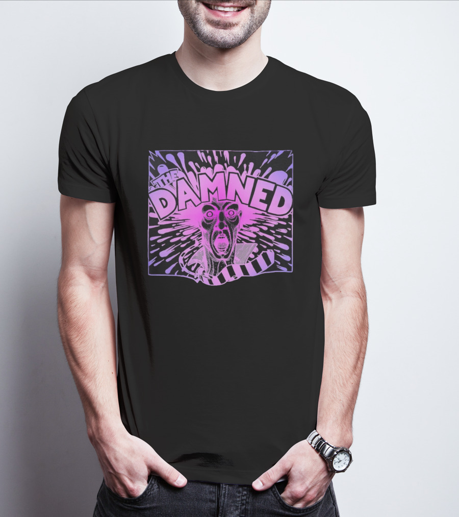 THE DAMNED Horror Face Neon Splatter Purple Black T-Shirt