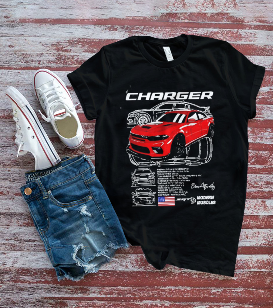 Dodge Charger Hellcat Red Modern Muscles Blueprint USA Flag T-Shirt