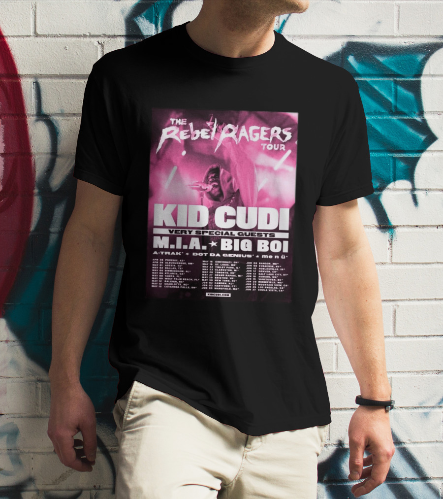 The Rebel Ragers Tour Kid Cudi 2026 Featuring M.I.A. Big Boi A Trak Dot Da Genius Tour Dates T-Shirt