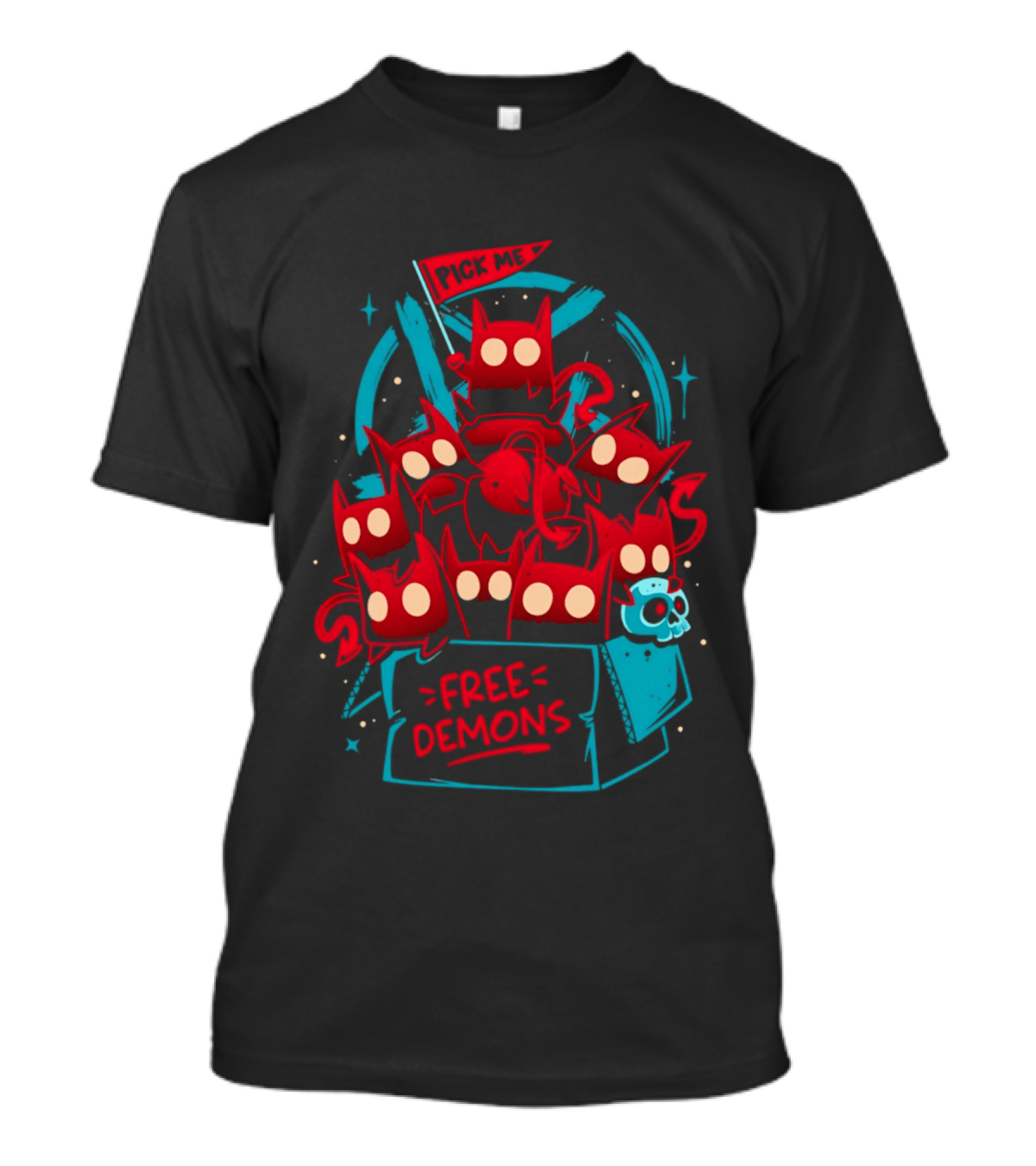 Free Demons Box Pick Me Red Monsters Cute Cartoon T-Shirt
