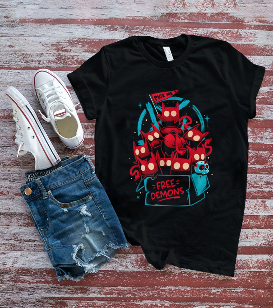 Free Demons Box Pick Me Red Monsters Cute Cartoon T-Shirt